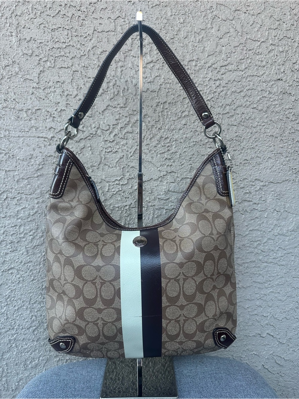 COACH Signature Hobo with Brown and Cream Center Stripe